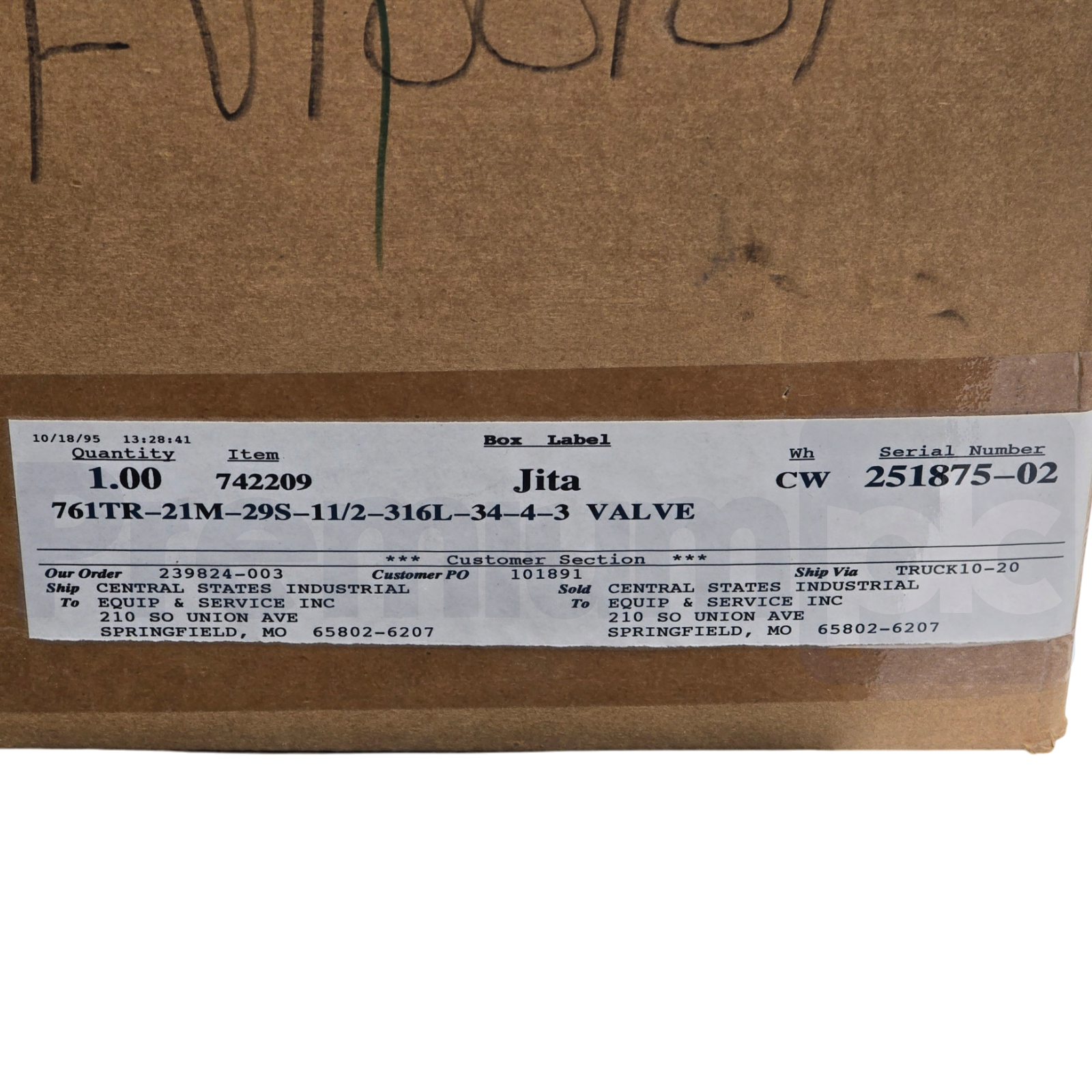 Used Tri-Clover 761TR 1-1/2" Sanitary Valve 316L SS 761TR-21M-29S-11/2-316L-34-4-3