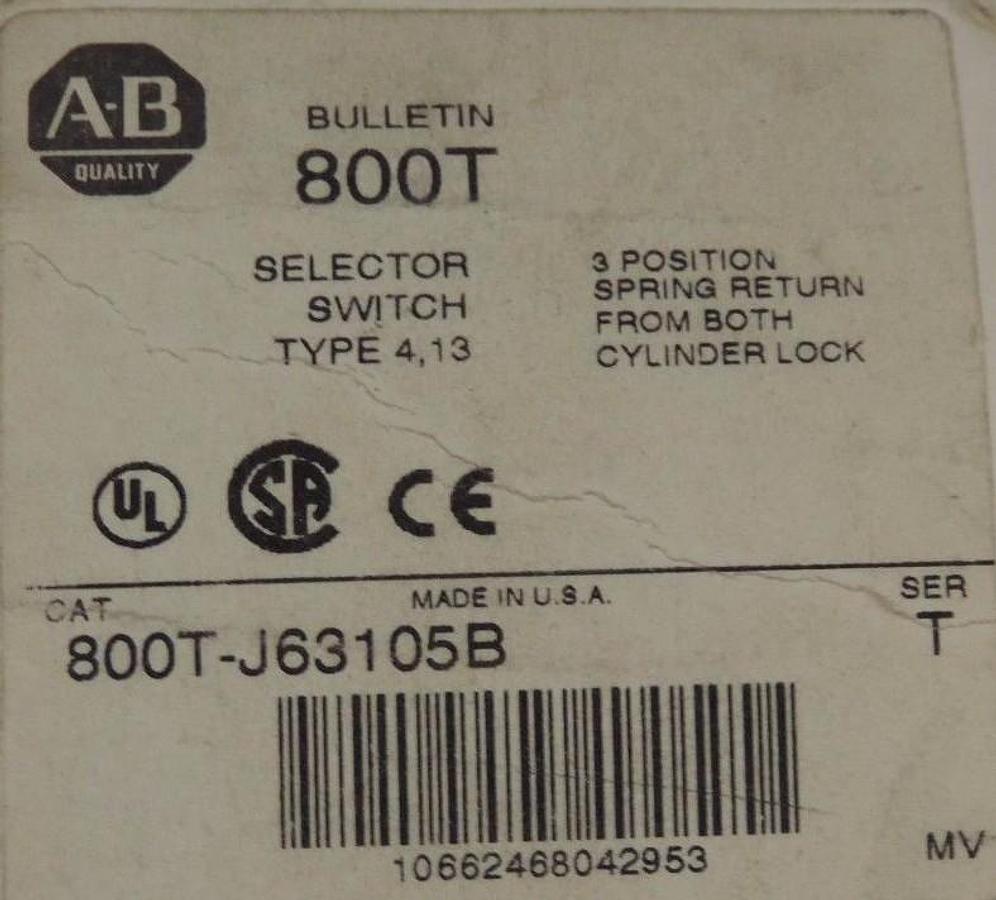 Used NIB ALLEN BRADLEY 800T-J63105B SELECTOR SWITCH SER T W/ 800T-XA CONTACTS SER D