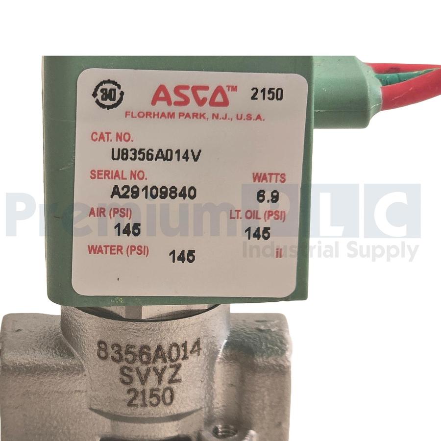 Used ASCO U8356A014V 3/2 8356 SERIES 3-Way/2-Pos SOLENOID VALVE 1/8" NPT SS 316 NUPI