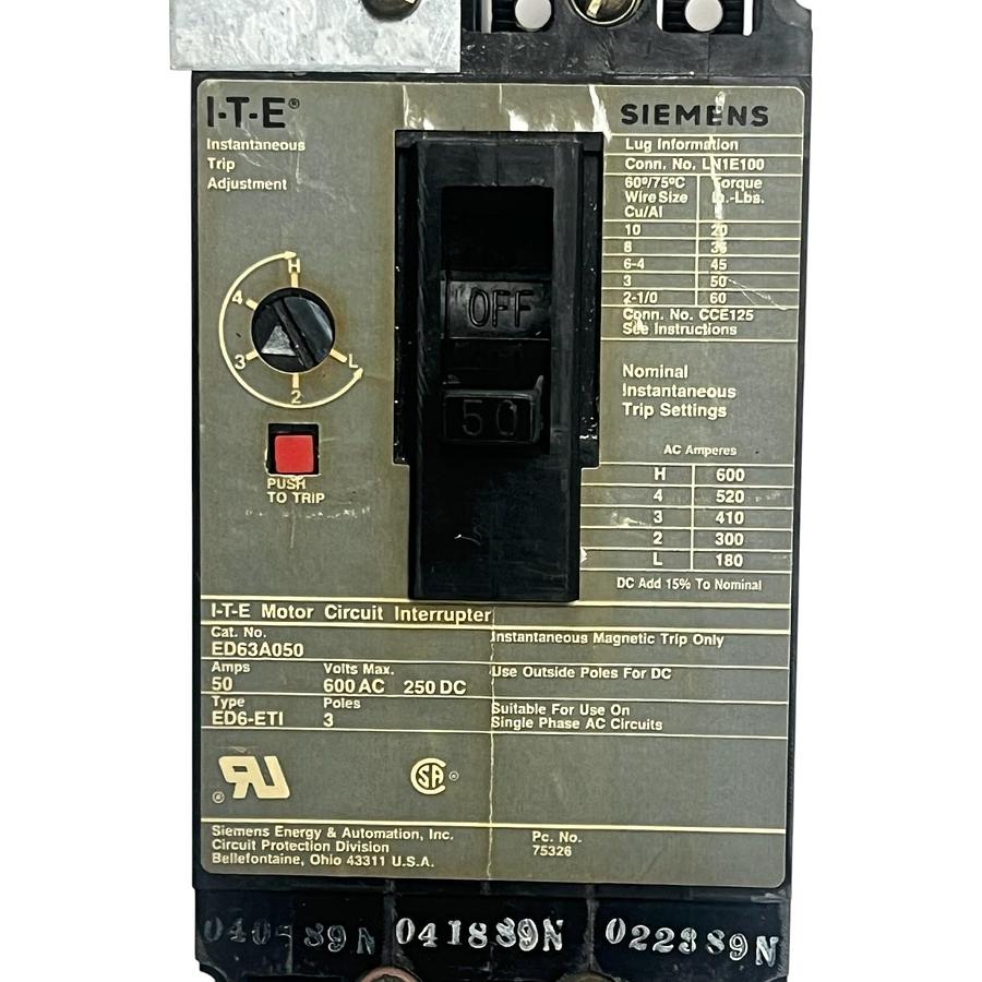 Used Siemens I-T-E ED63A050 Type ED-ETI Motor Circuit Interrupter 50A 3-Pole , USED
