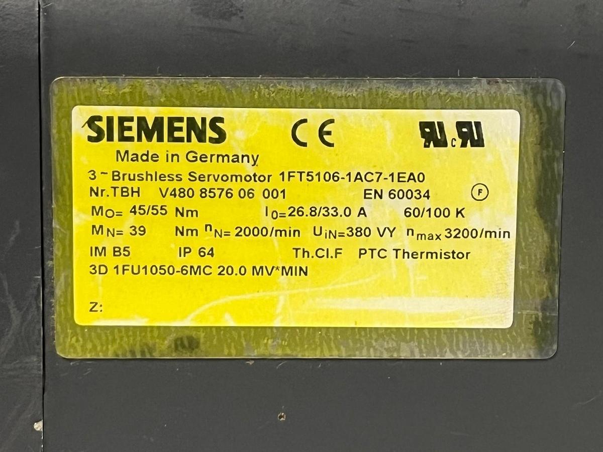 Used Siemens 1FT5106-1AC71-1EA0 AC Feed Drive Motor 600V 55Nm 2000 RPM w/o Brake NSNP