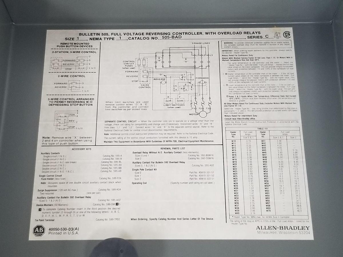 NIB ALLEN BRADLEY 505-BAD SER. C REVERSING STARTER SIZE 1, 505BAD, 120V
