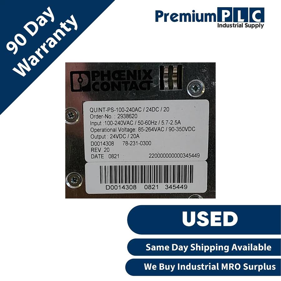 Used PHOENIX CONTACT QUINT-PS-100-240AC/24DC/20 POWER SUPPLY UNIT 24VDC/20A 2938620