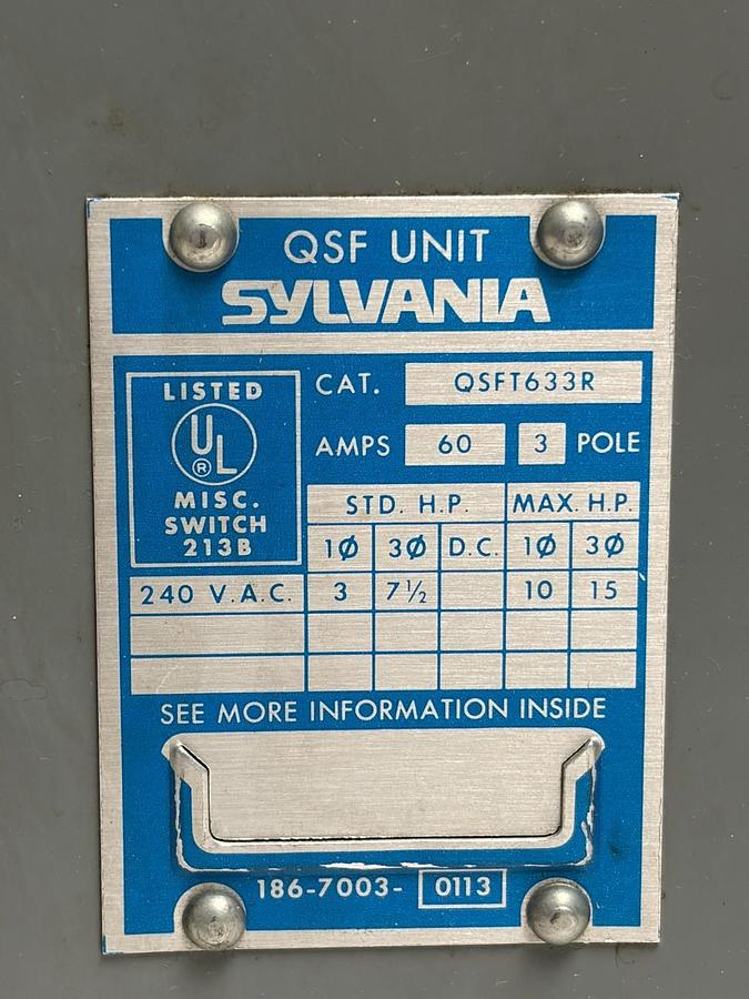 Used Sylvania QSFT633R QSF Unit Busway Plug-in Disconnect Fuse Switch 60A 240V 3P