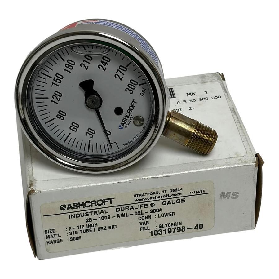 Used Ashcroft 25-1009-AWL-02L-300# Duralife 2.5" Pressure Gauge 300 PSI Glycerin New