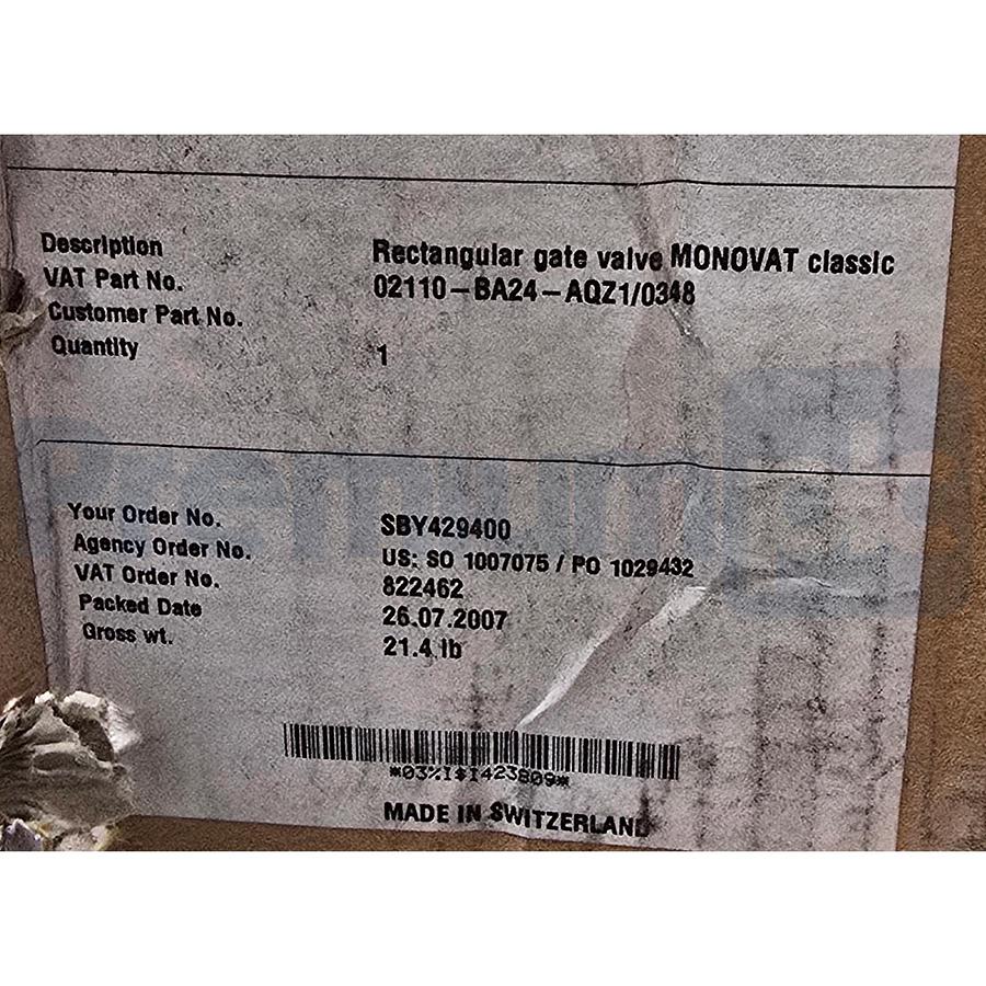 Used VAT 02110-BA24-AQZ1/0348 MONOVAT Rectangular Gate Valve 46x236mm Opening NEW