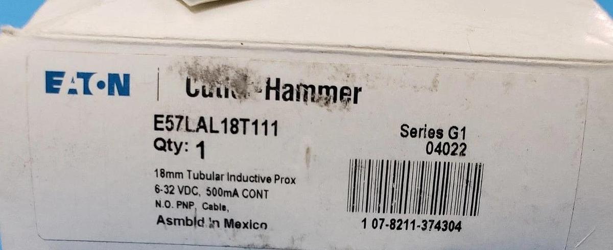 Used EATON CUTLER-HAMMER E57LAL18T111 TUBULAR INDUCTIVE PROXIMITY SENSOR, SER. G1