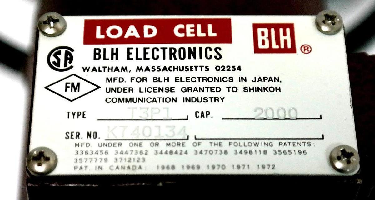Used BLH ELECTRONICS T3P1 LOAD CELL CAP. 2000LBS.