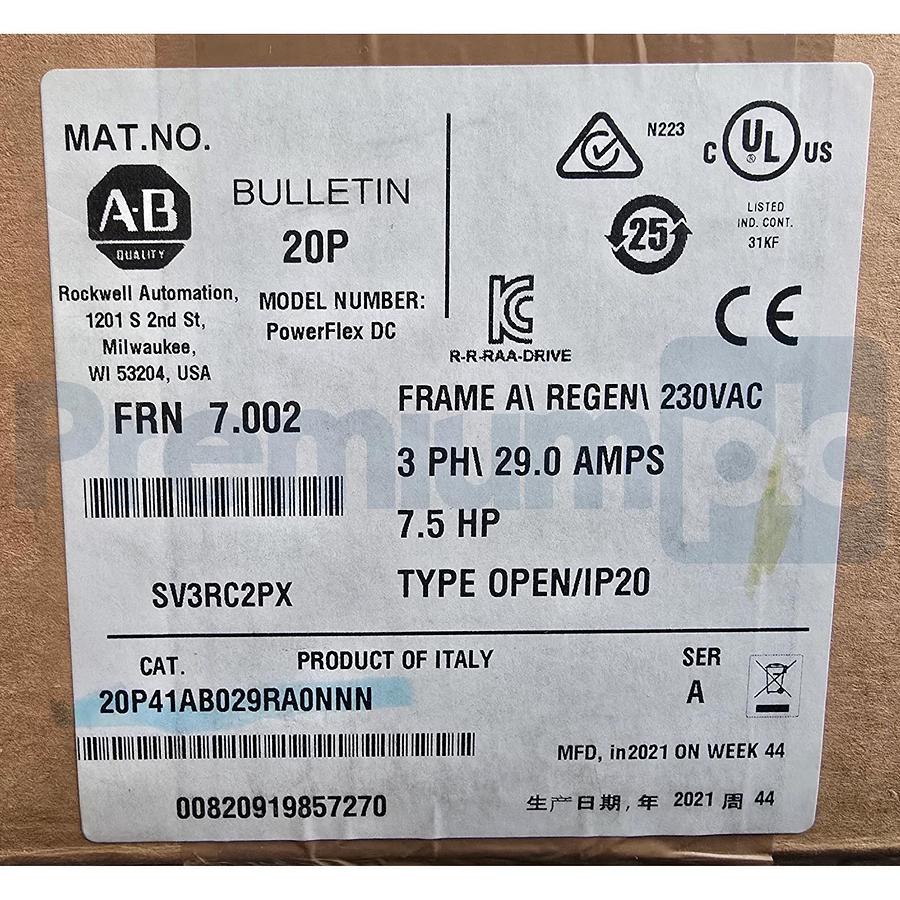 ALLEN BRADLEY 20P41AB029RA0NNN /A PowerFlex DC DRIVE 240VAC 3PH/29A 7.5HP NSMP