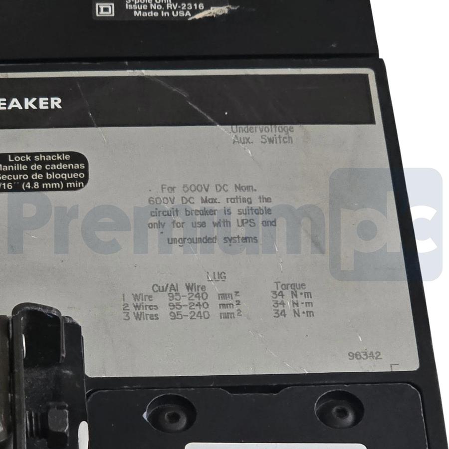 Used Square D MHL36100031DC1680 | MHL361000 1000A 3-Pole Circuit Breaker w/Trip USPI