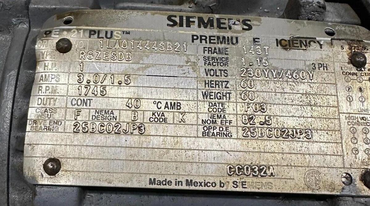 SIEMENS 1LA01444SB21 PE-21 PLUS MOTOR 1HP R6ZESDB W/ STEARNS 105603200BQF BRAKE