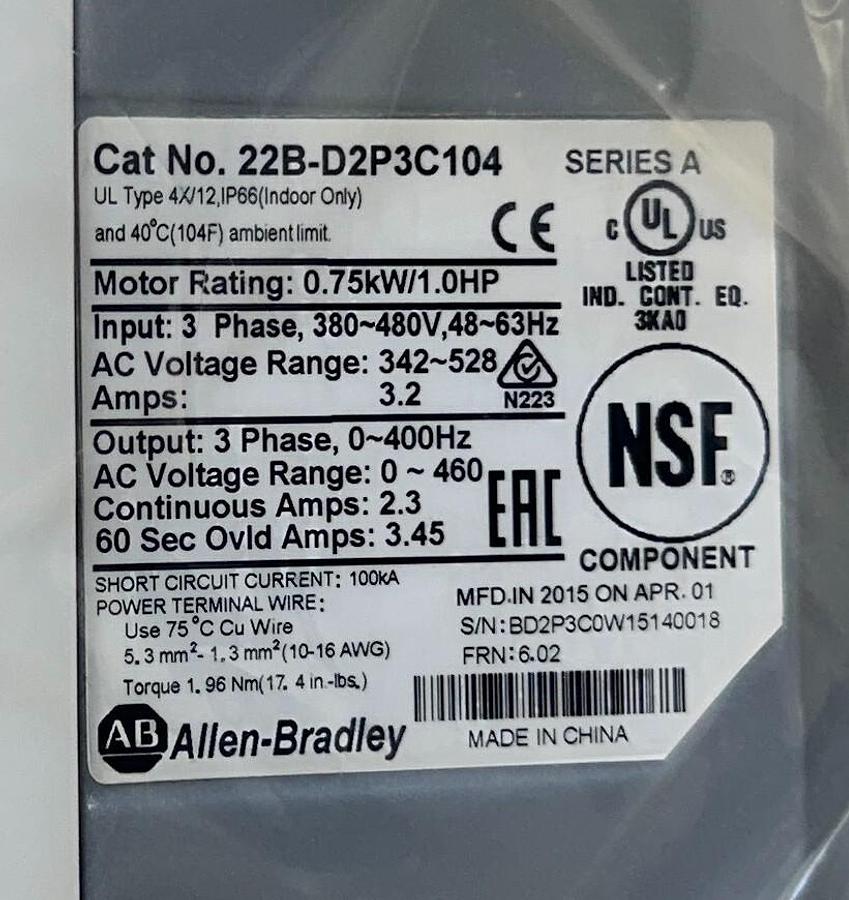 Used ALLEN BRADLEY 22B-D2P3C104 /A PowerFlex 40 AC DRIVE 0.75kW/1HP 342-528VAC NSMP