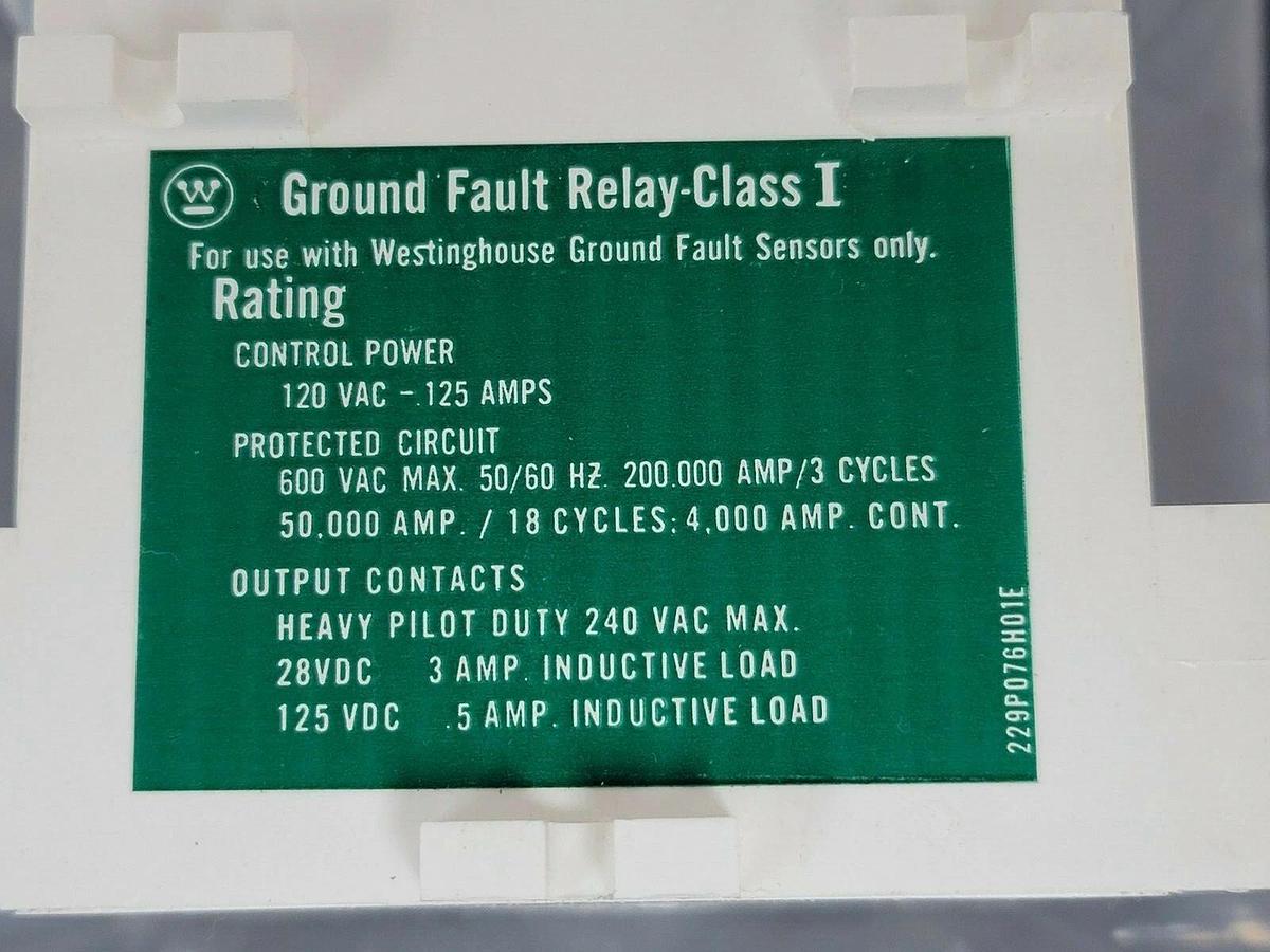 Used WESTINGHOUSE 1293C47G02 GROUND FAULT RELAY 5-60AMP 120VAC 255P156H02D