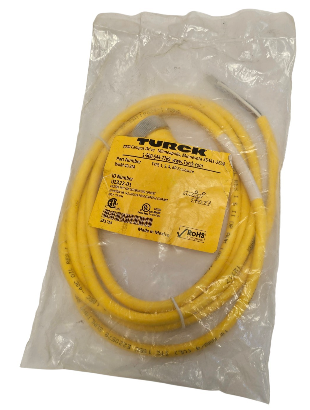 NEW TURCK WKM 40-2M ID NUMBER U2322-01 CORDSET 4-PIN 2M