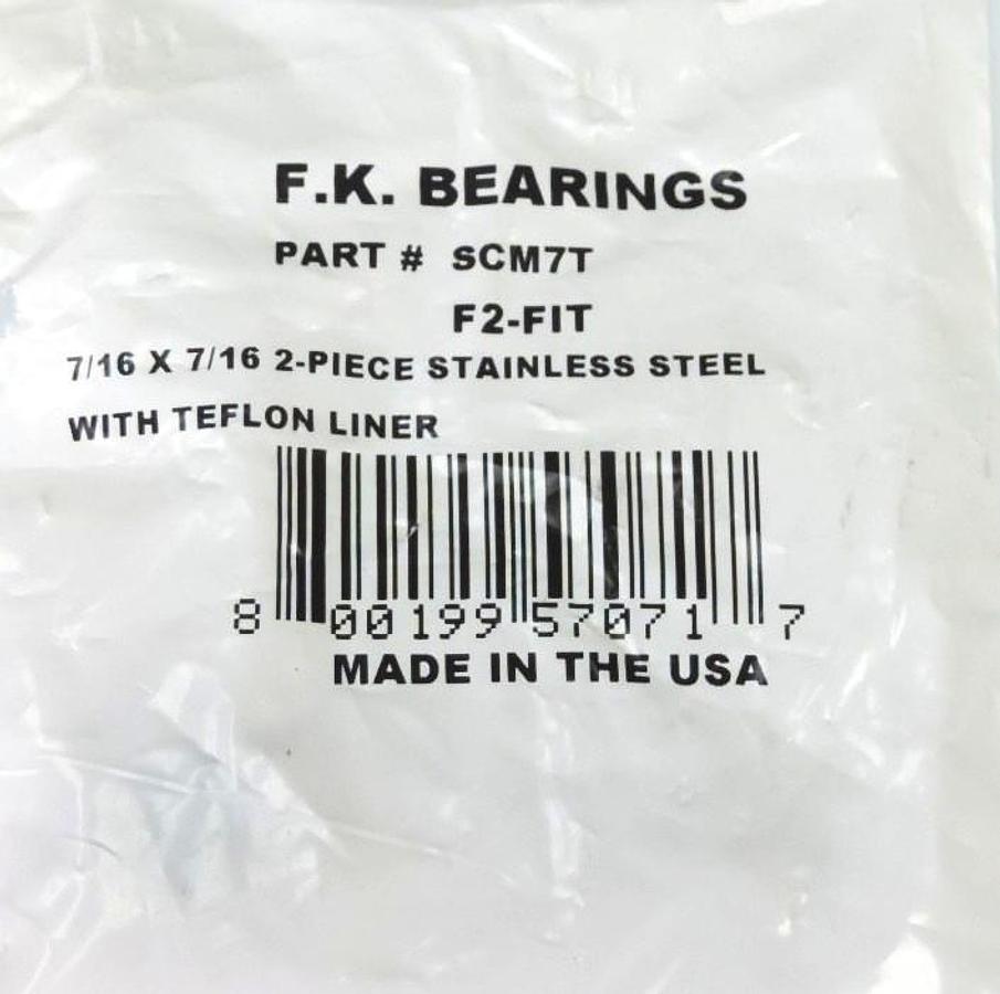 Used NEW F.K. BEARINGS P/N: SCM7T, F2-FIT 7/16 X 7/16 2-PIECE STAINLESS STEEL