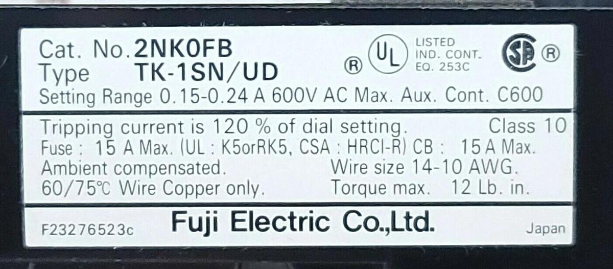 Used NIB FUJI ELECTRIC TK-1SN/UD 0.15-0.24A THERMAL OVERLOAD RELAY TK1SNUD