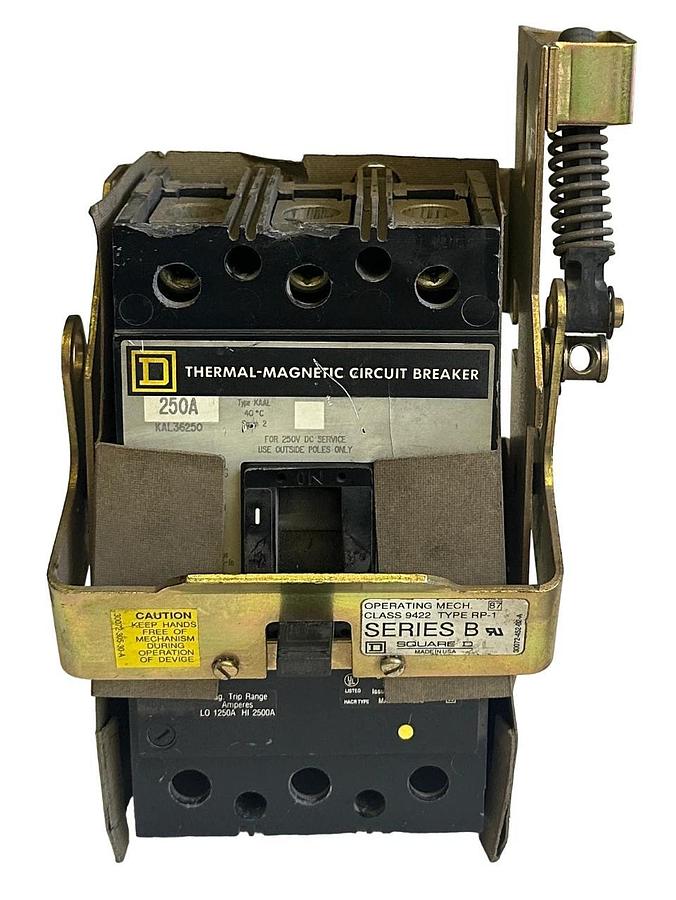 Used SQUARE D KAL36250 THERMAL-MAGNETIC CIRCUIT BREAKER 250A W/ 9422-RP-1 /B MECH