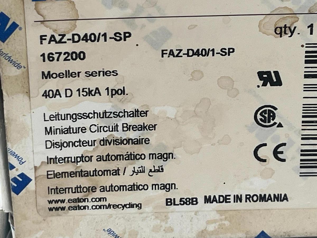 Eaton FAZ-D40/1-SP Miniature Circuit Breaker 40A Single Pole D Curve UL 1077