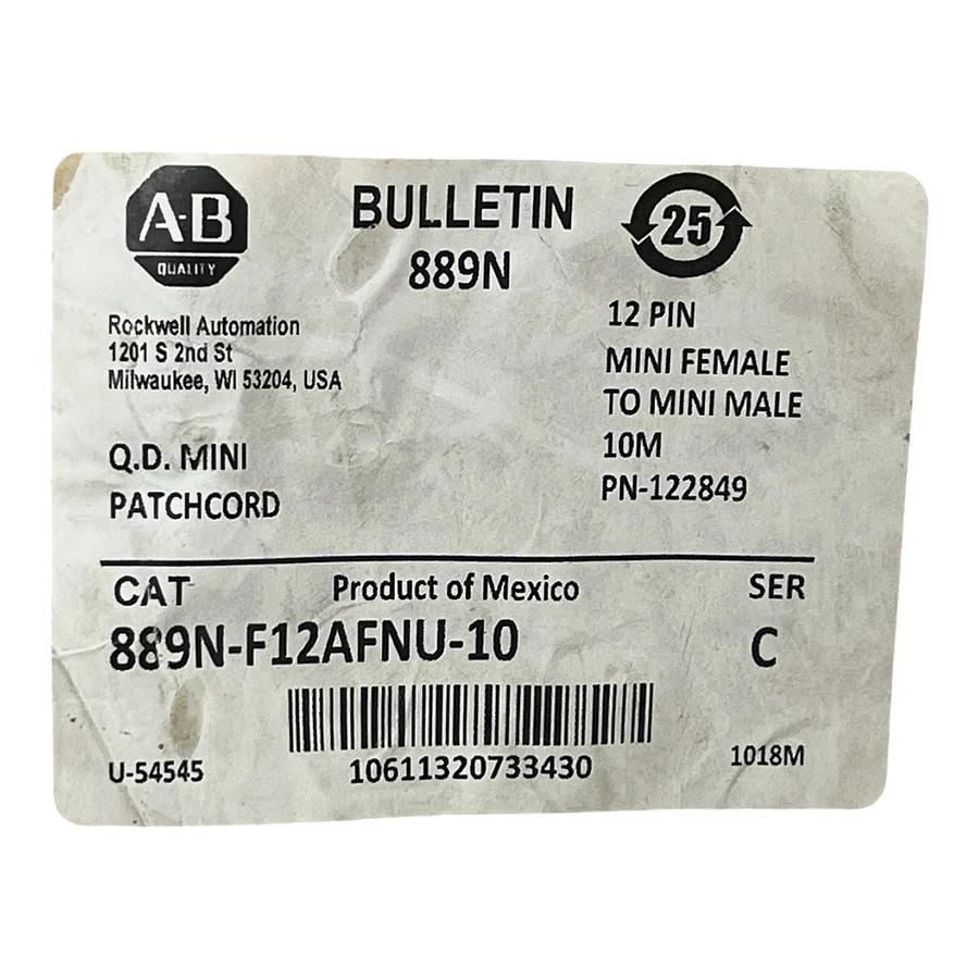 Allen-Bradley 889N-F12AFNU-10 Patchcord 12-Pin Female 10m 32.8ft 889NF12AFNU10