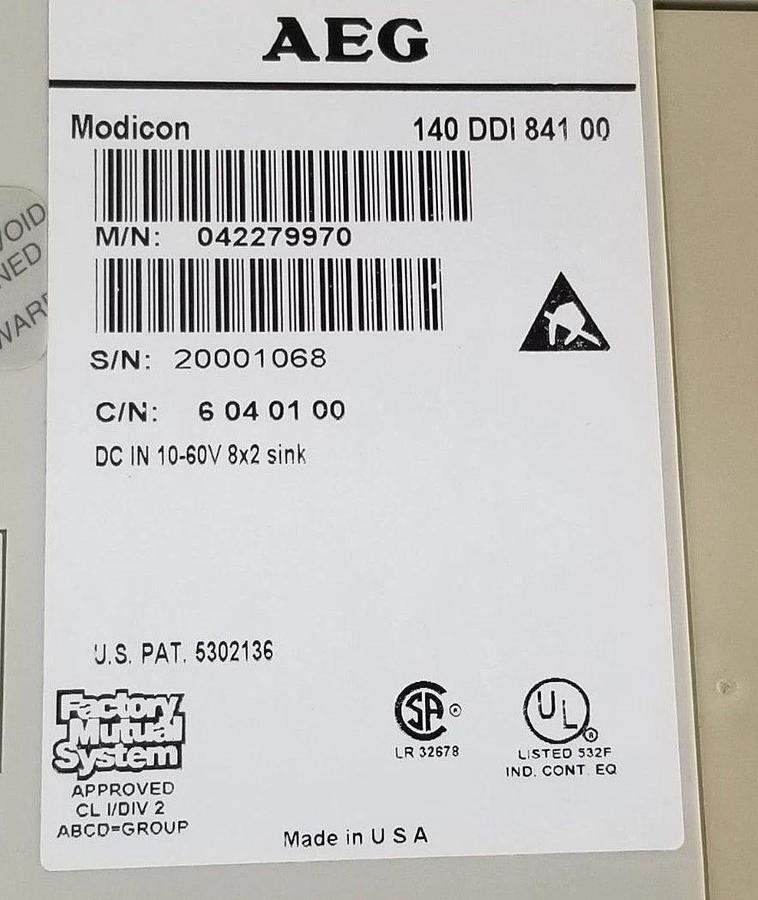 Used AEG / MODICON 140 DDI 841 00 INPUT MODULE 042279970 C/N: 6 04 01 00 10-60V
