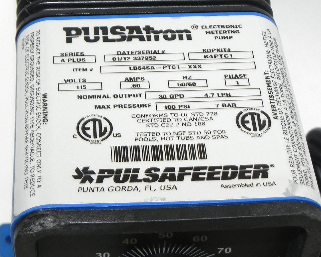 Used PULSATRON ELECTRONIC METERING PUMP LB64SA-PTC1-XXX PULSAFEEDER LB64SAPTC1XXX