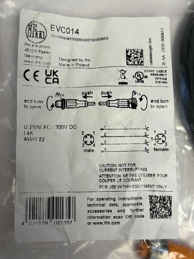 Used NEW IFM VDOGH040MSS0005H04STGH040MSS CONNECTION CABLE EVC014