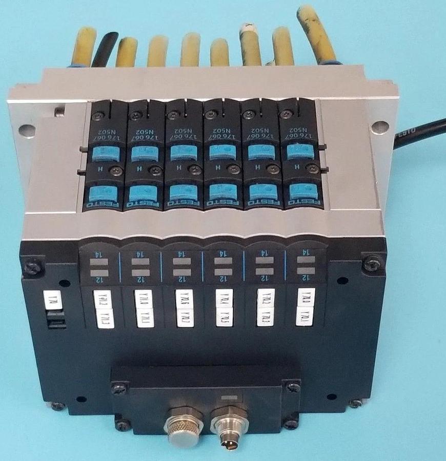 Used FESTO ELECTRIC CPV14-VI-F6-1/8-B BASE W/ (6) 176-067 SOLENOID VALVES N502 18210