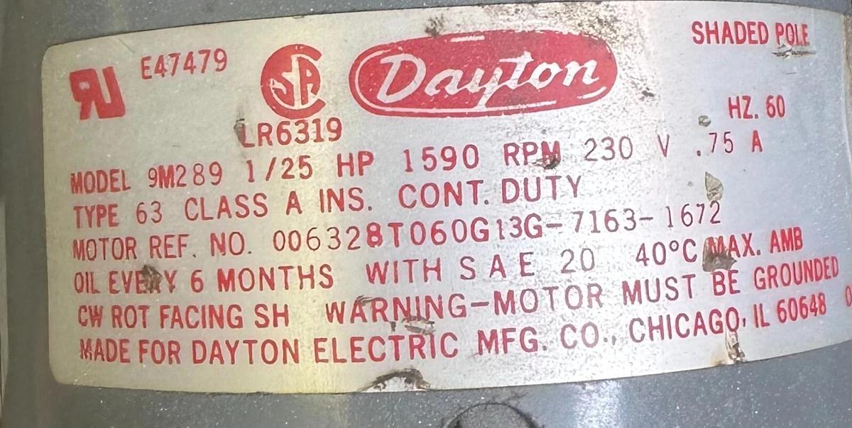 Used DAYTON TEEL 1P630B RECIRCULATING PUMP 9M289 1/25HP 230V 1590RPM TYPE 63 60Hz