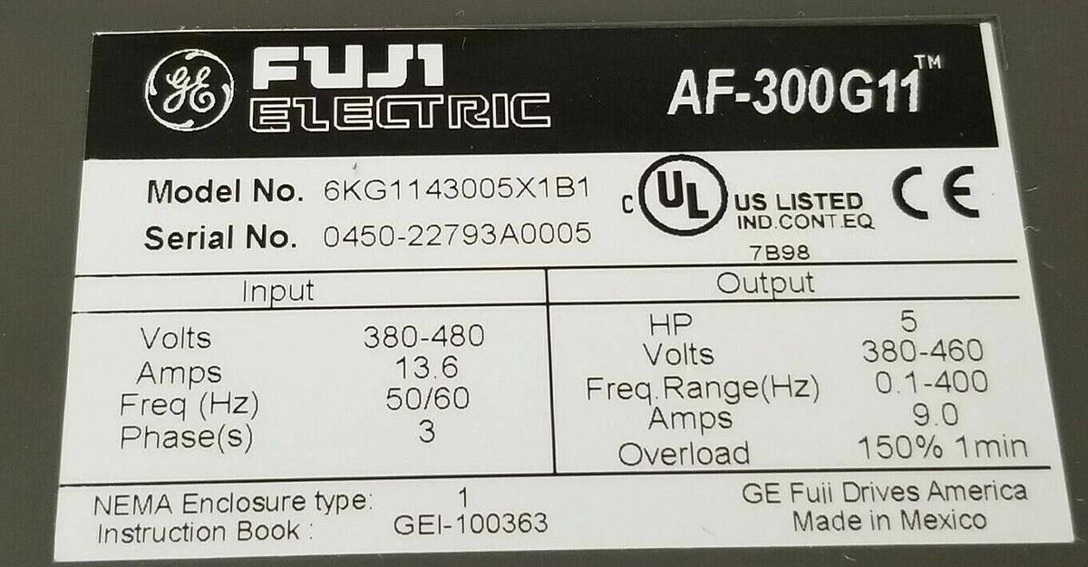 Used FUJI ELECTRIC 6KG1143005X1B1 INVERTER DRIVE 5HP, 13.6A, 380/480VAC, AF-300G11