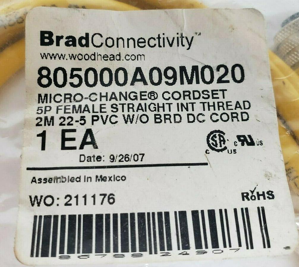 NEW BRAD HARRISON 805000A09M020 MICRO-CHANGE CORDSET 5P FEMALE 2M