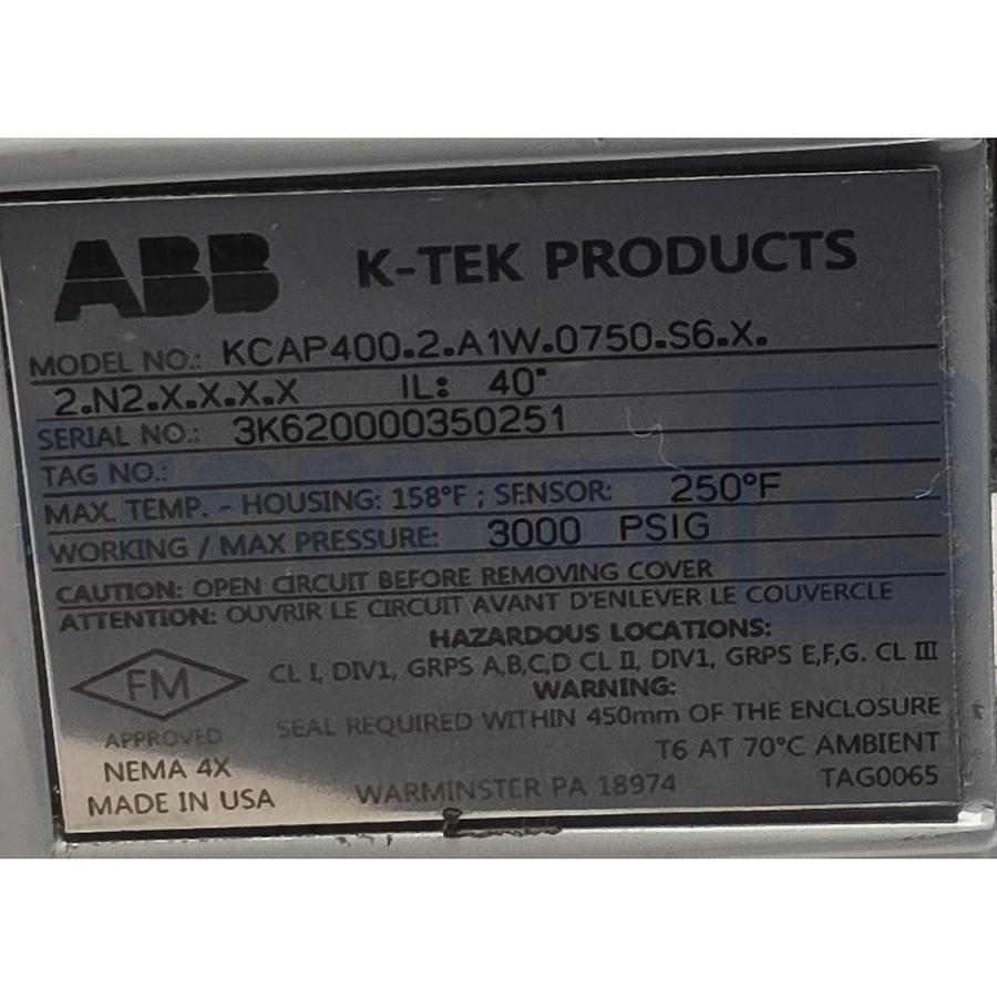 Used ABB K-TEK KCAP400.2.A1W.0750.S6.X.2.N2.X.X.X.X Capacitance Level Switch 3/4"NPT