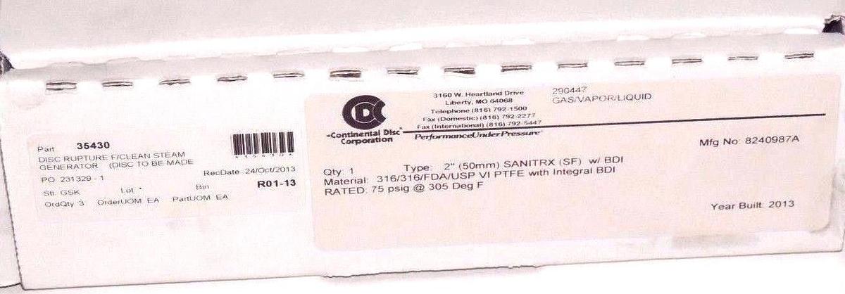 NIB CONTINENTAL DISC 8240987A 2" SANITRAX RUPTURE DISC 290447 W/ BDI ALARM STRIP