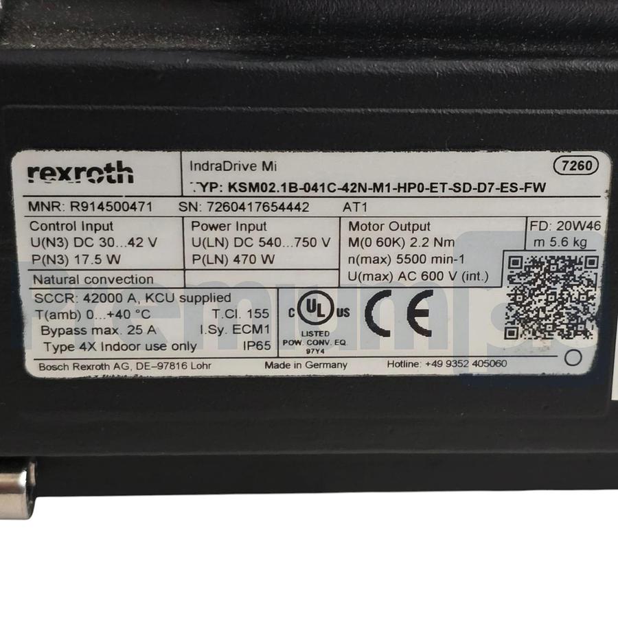 Used Rexroth KSM02.1B-041C-42N-M1-HP0-ET-SD-D7-ES-FW IndraDrive Mi Motor R914500471