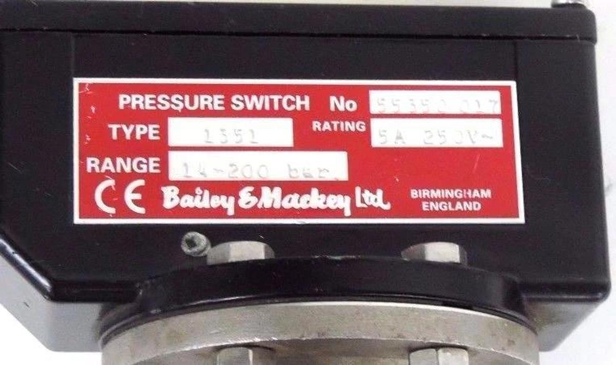 Used BAILEY & MACKEY TYPE 1351 PRESSURE SWITCH 55350, 5A, 250V, 14/200BAR