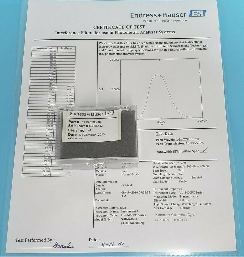 Used NEW ENDRESS + HAUSER 1410-0280-10 INTERFERENCE FILTER 63006542 REV. H 280BP10
