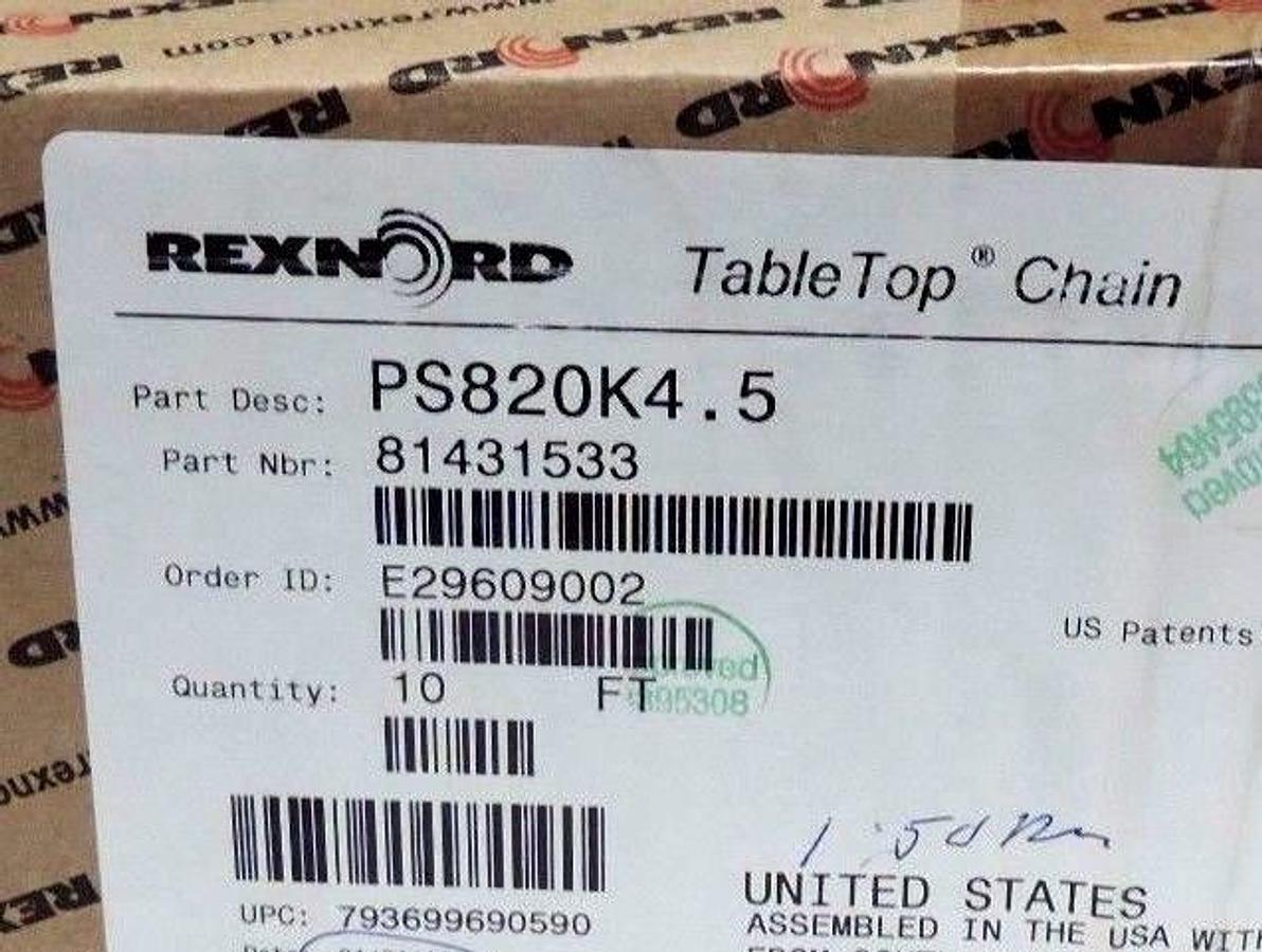 Used NIB REXNORD PS820K4.5 TABLE TOP CHAIN 10FT LENGTH 4.5" WIDTH 1.5" PITCH