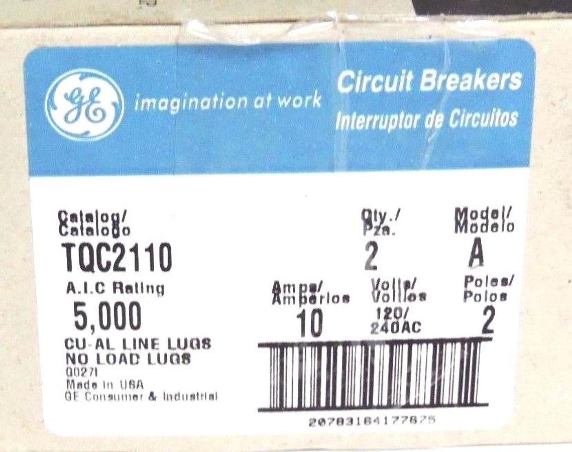 Used 2 GENERAL ELECTRIC TQC2110 CIRCUIT BREAKERS MODEL A, 10A, 120/240VAC, 2 POLE