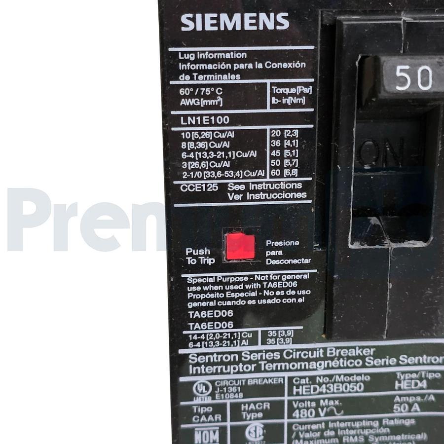 Siemens ITE HED43B050 Sentron ED Frame Circuit Breaker 50A 3-Pole 480V 42kA NSNP