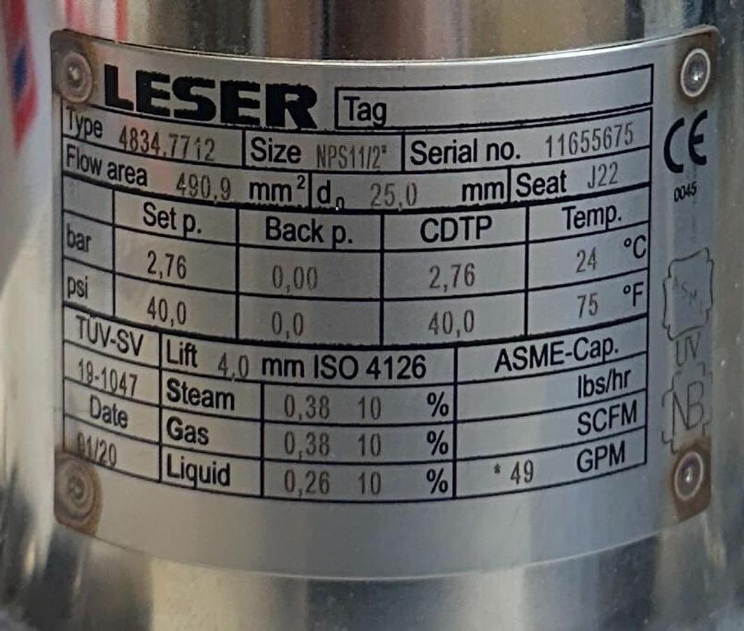 Used LESER 4834.7712 Type 483 Safety Relief Valve 1.5" x 2" NPS 316L/SS 40psig NSNP