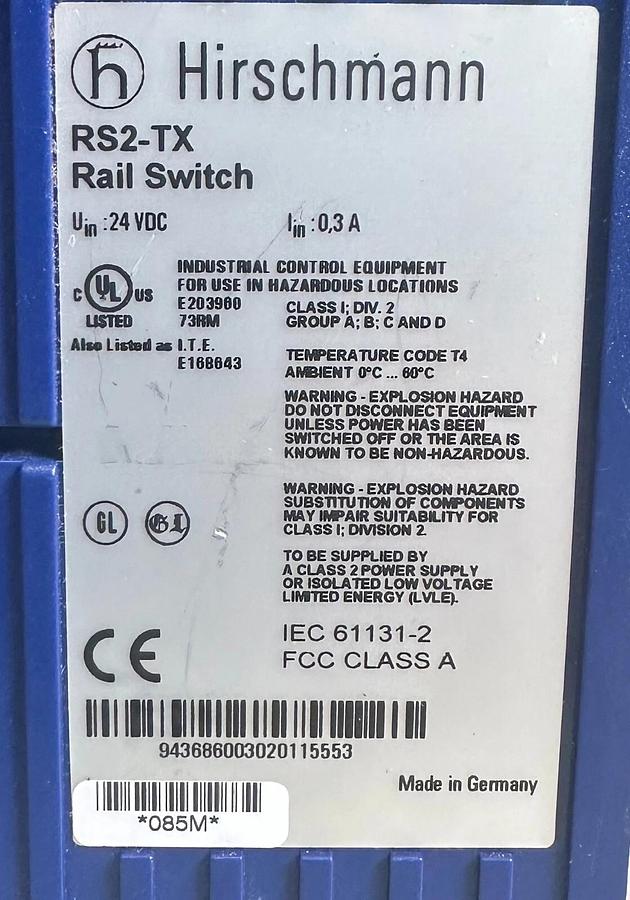 Used HIRSCHMANN RS2-TX / RS2TX RAIL ETHERNET SWITCH 8-PORT 24VDC 10/100BASE-TX