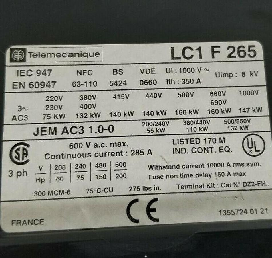 Used TELEMECANIQUE LC1-F265 CONTACTOR 265A 3P W/ LX1-FH-1272 COIL 120/127VAC LA1DN11