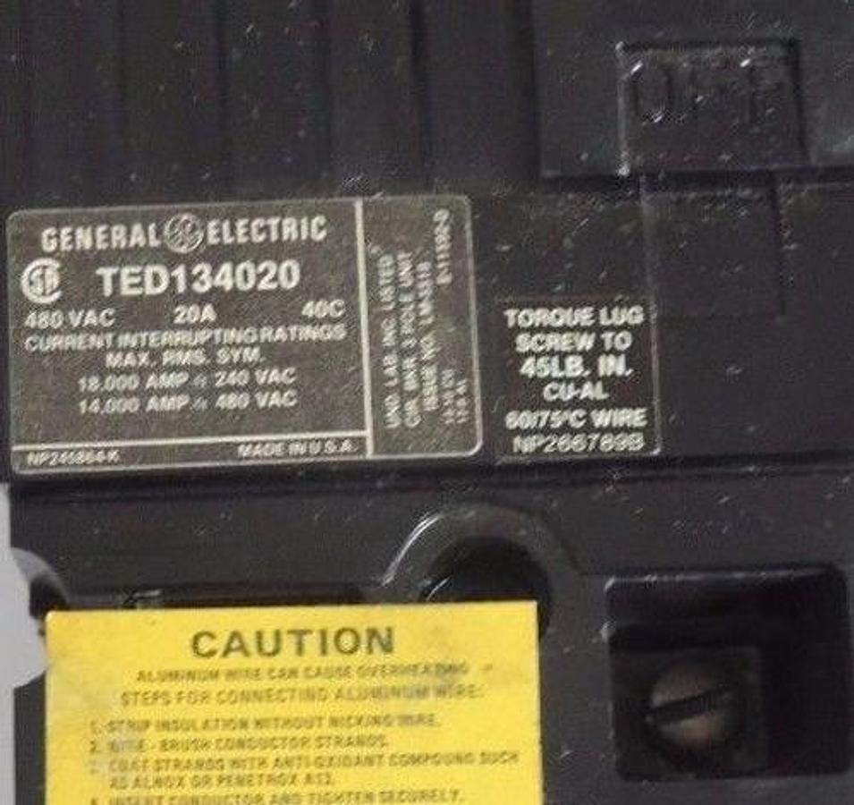 Used NIB GENERAL ELECTRIC TED134020WL CIRCUIT BREAKER 480VAC 20A 40C TED134020