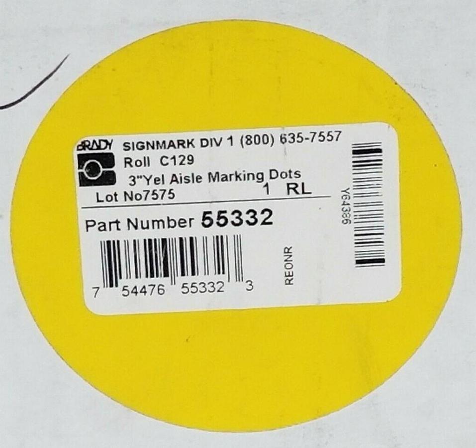 Used NIB BRADY 55332 ROLL C129 3" YELLOW AISLE MARKING DOTS, ROLL OF 1000