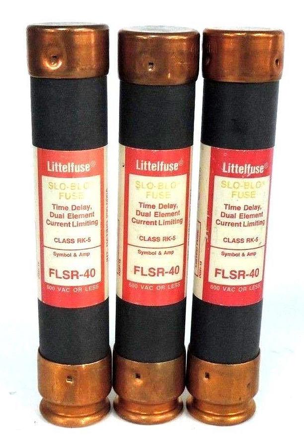 Used LOT OF 3 LITTLEFUSE FLSR-40 CLASS RK-5 SLO BLO TIME DELAY DUAL ELEMENT FUSES