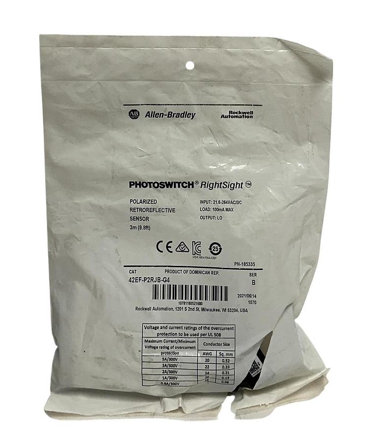 Used ALLEN BRADLEY 42EF-P2RJB-G4 /B PHOTOSWITCH RightSight POLARIZED SENSOR 3M NSMP