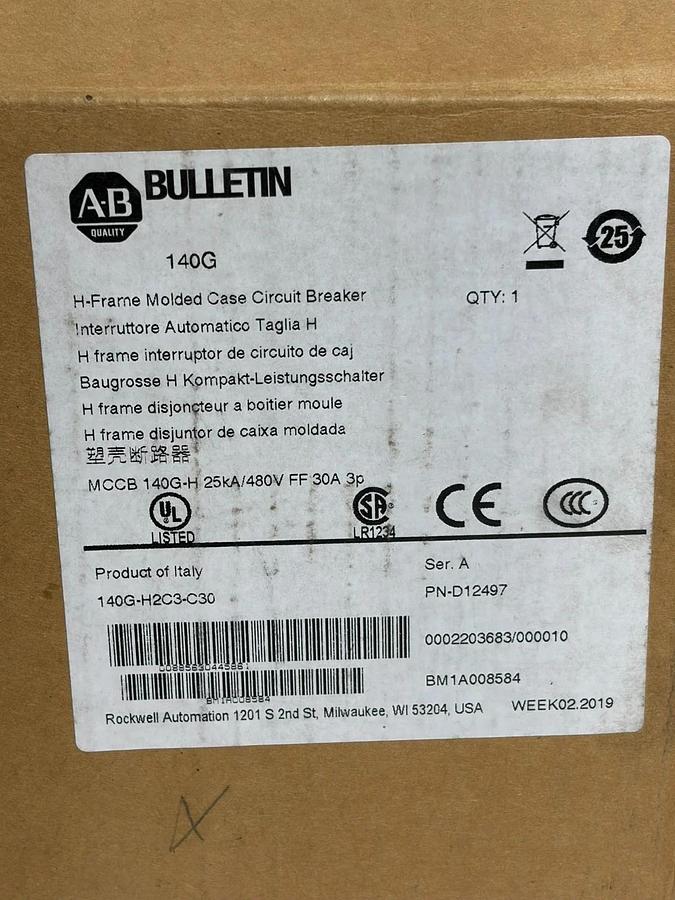 Allen Bradley Bulletin 140G-H2C3-C30 Molded Case Circuit Breaker 30A H-Frame Box