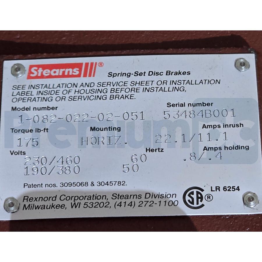 Used Stearns 1-082-022-02-051 | 108202202051 Spring-Set Motor Brake 175lb-ft 230/460V
