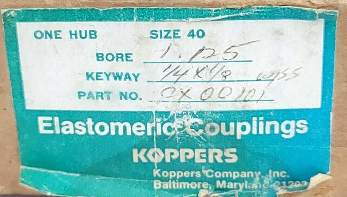 Used ELASTOMERIC COUPLINGS SIZE 40 HUB, BORE: 1.125 KEYWAY: 1/4X1/8 PART NO. 0X000101