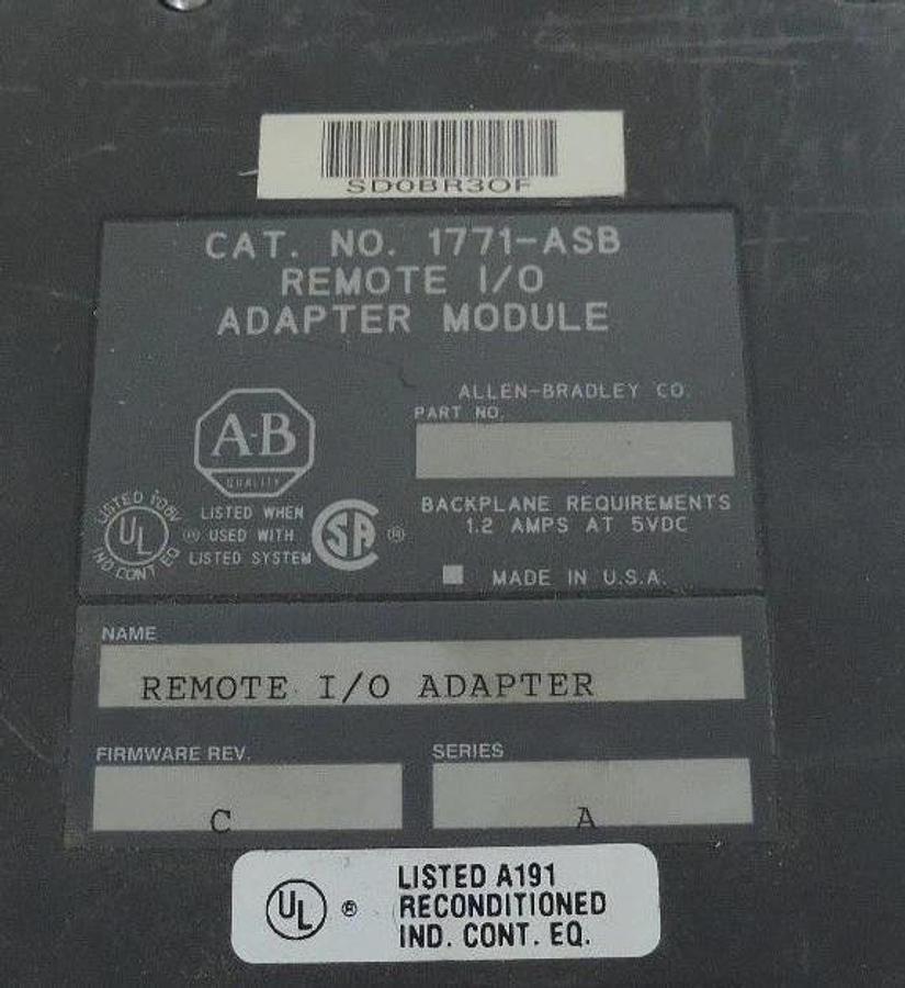 Used ALLEN BRADLEY 1771-ASB SER. A REMOTE I/O ADAPTER MODULE 1771ASB, F/W REV. C