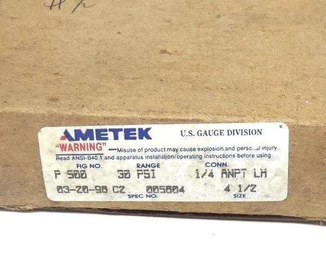 NIB AMETEK P-500 30PSI PRESSURE GAUGE 1/4'' ANPT LH, 4 1/2'' SIZE, 005804, P500